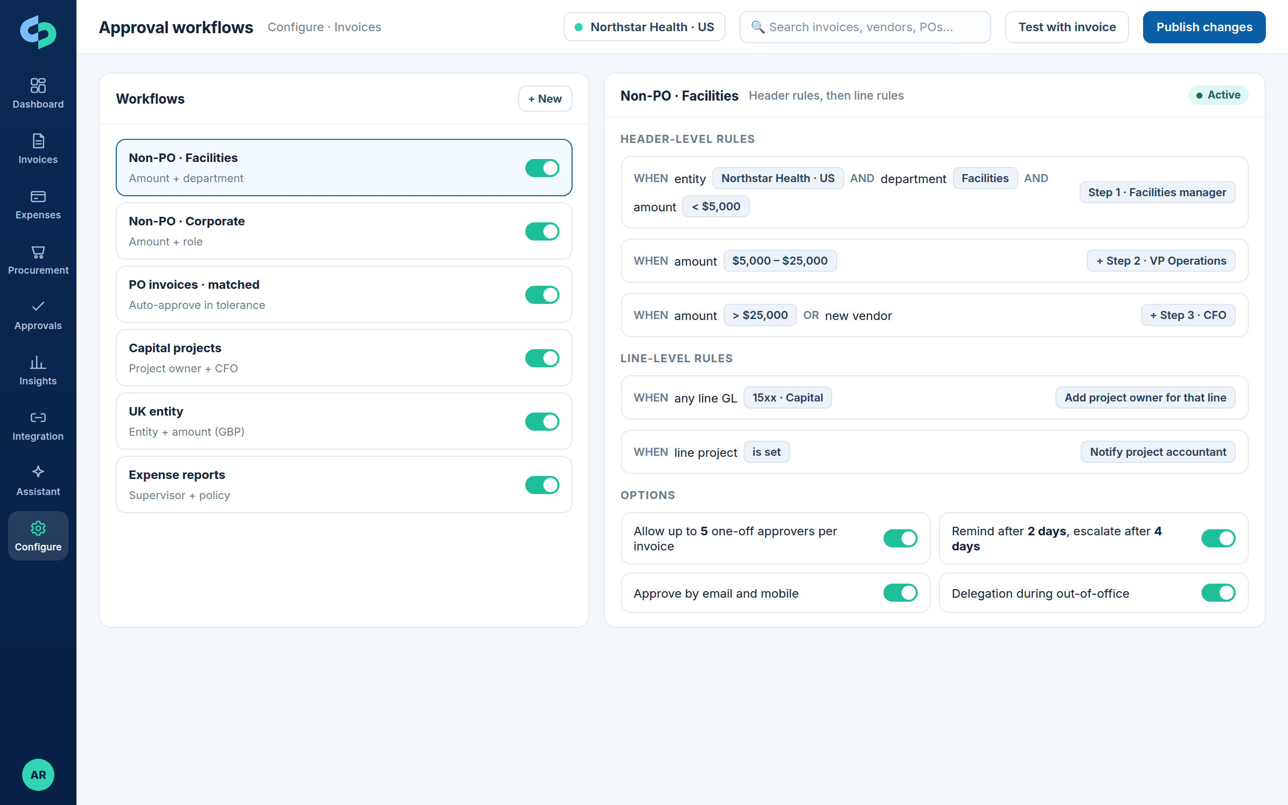 Configurable approval workflow rules by entity, department, amount and line GL