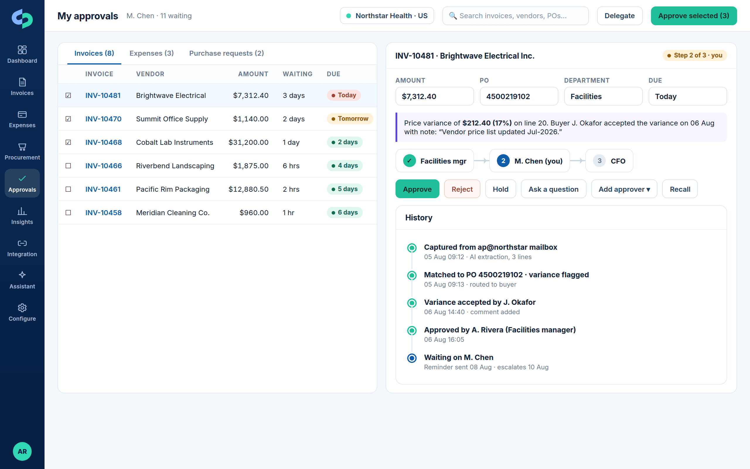 Approver queue on desktop with invoice context, history and actions