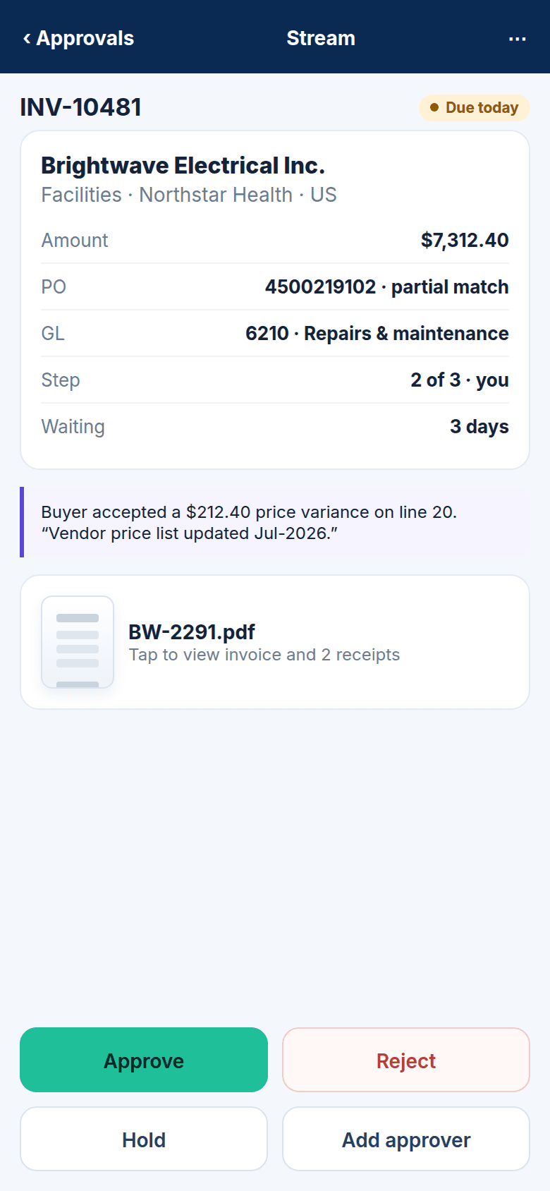 Mobile approval screen with invoice summary and approve, reject, hold and add-approver actions