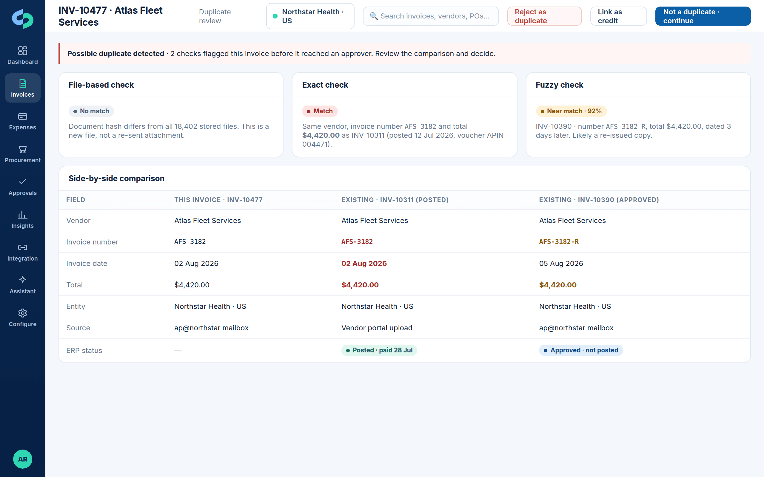 Duplicate invoice review with file-based, exact and fuzzy checks side by side