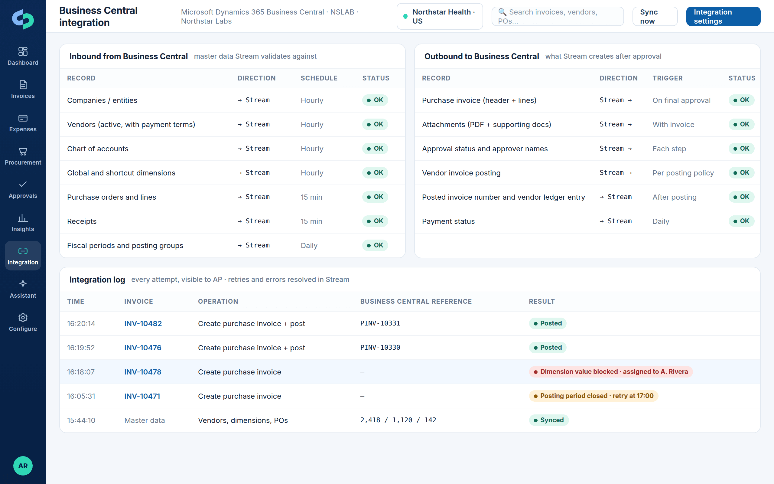 Business Central integration map with inbound master data, outbound purchase invoices and the integration log