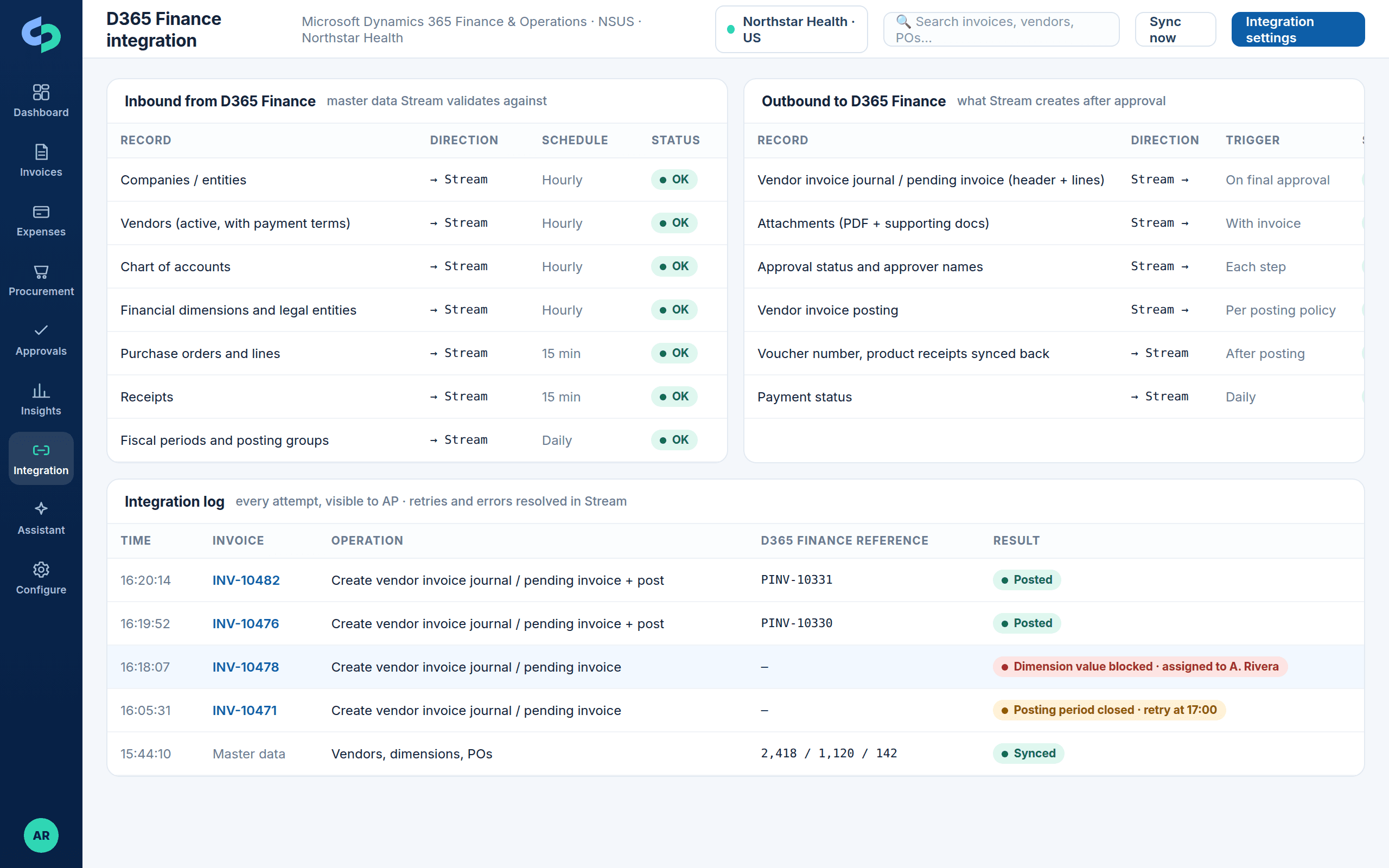 Dynamics 365 Finance & Operations integration map with legal entities, dimensions, vendor invoices and receipts
