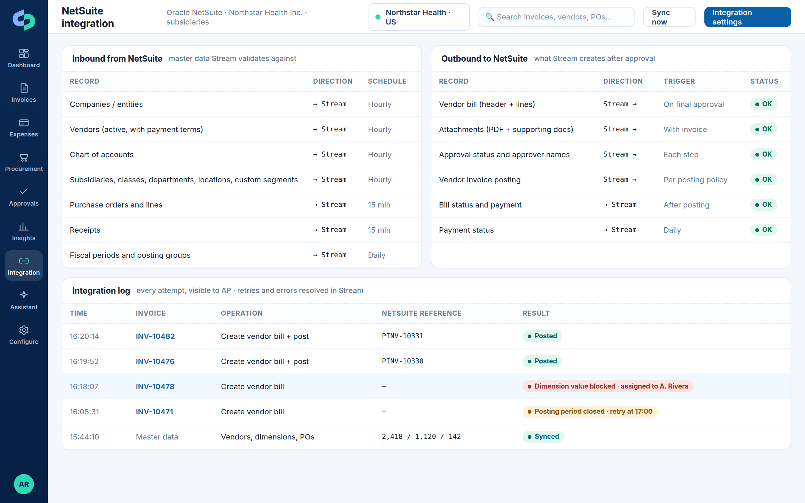 NetSuite integration map with subsidiaries, segments, vendor bills and the integration log