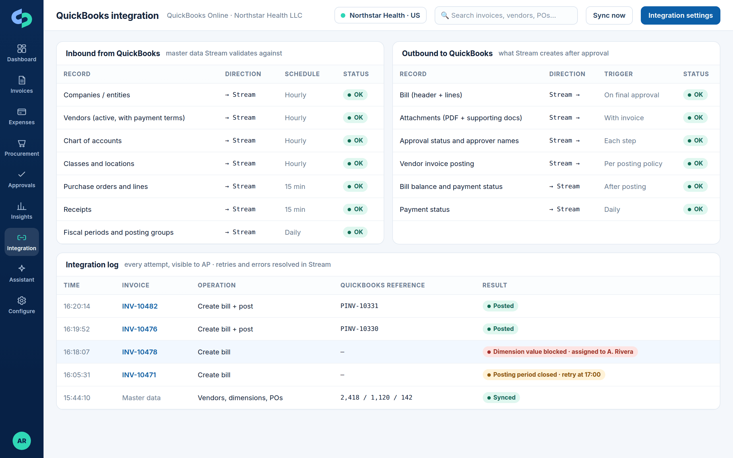 QuickBooks integration map with companies, classes and bills