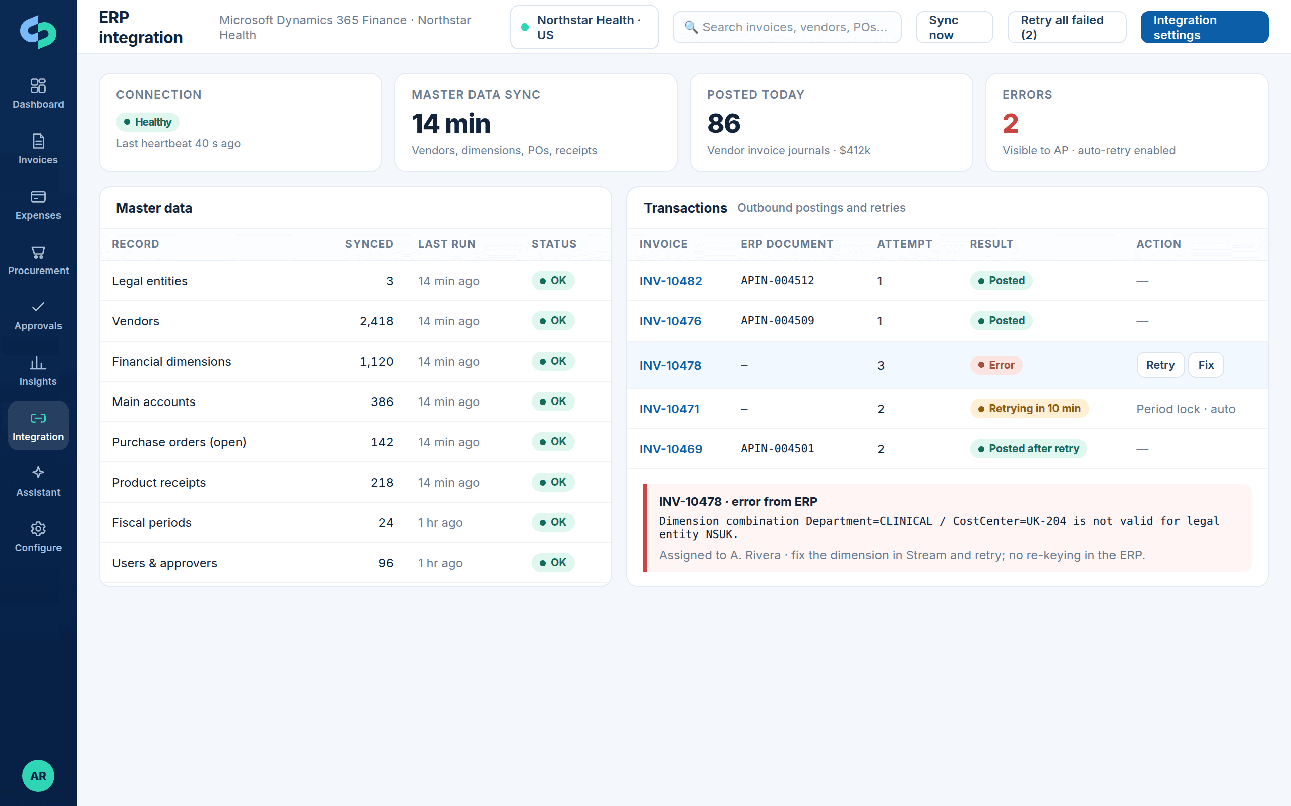 ERP integration status with master data sync, postings, retries and an error assigned to an owner