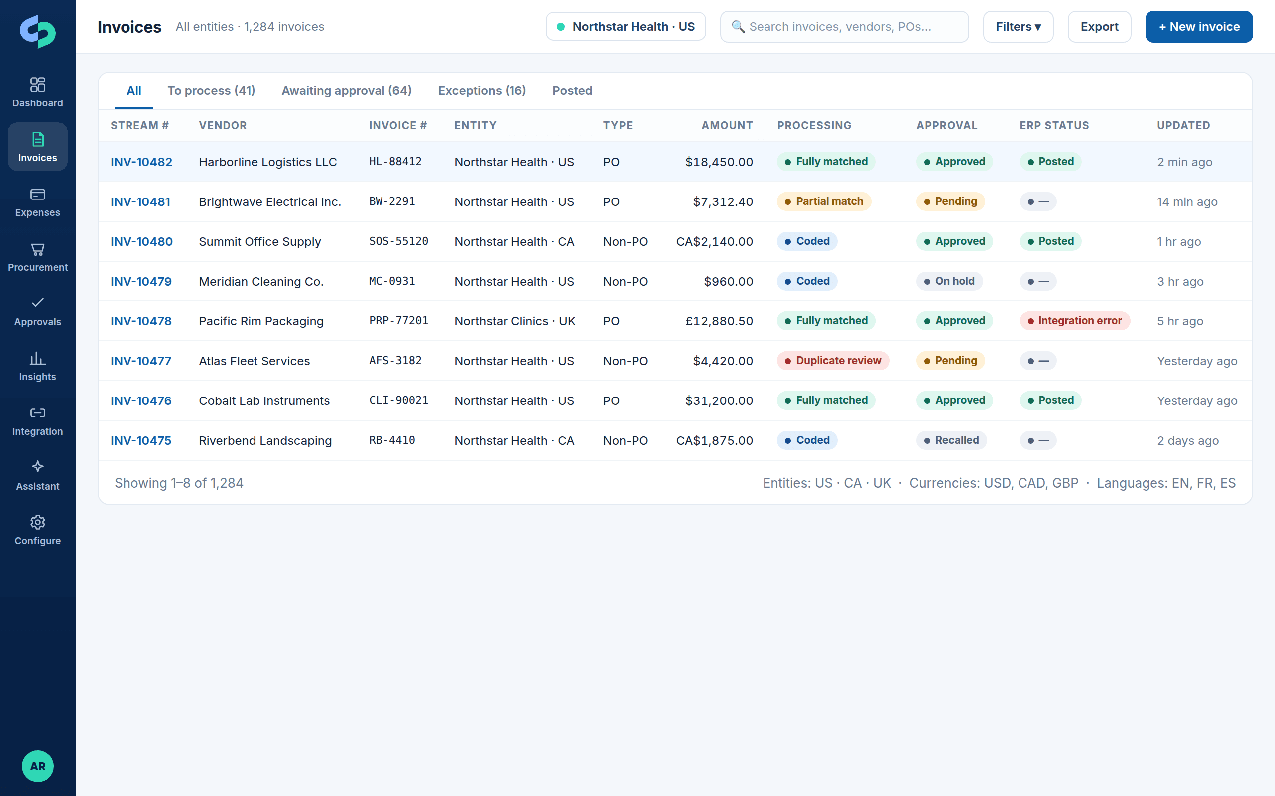 Stream invoice list showing processing, approval and ERP status per invoice