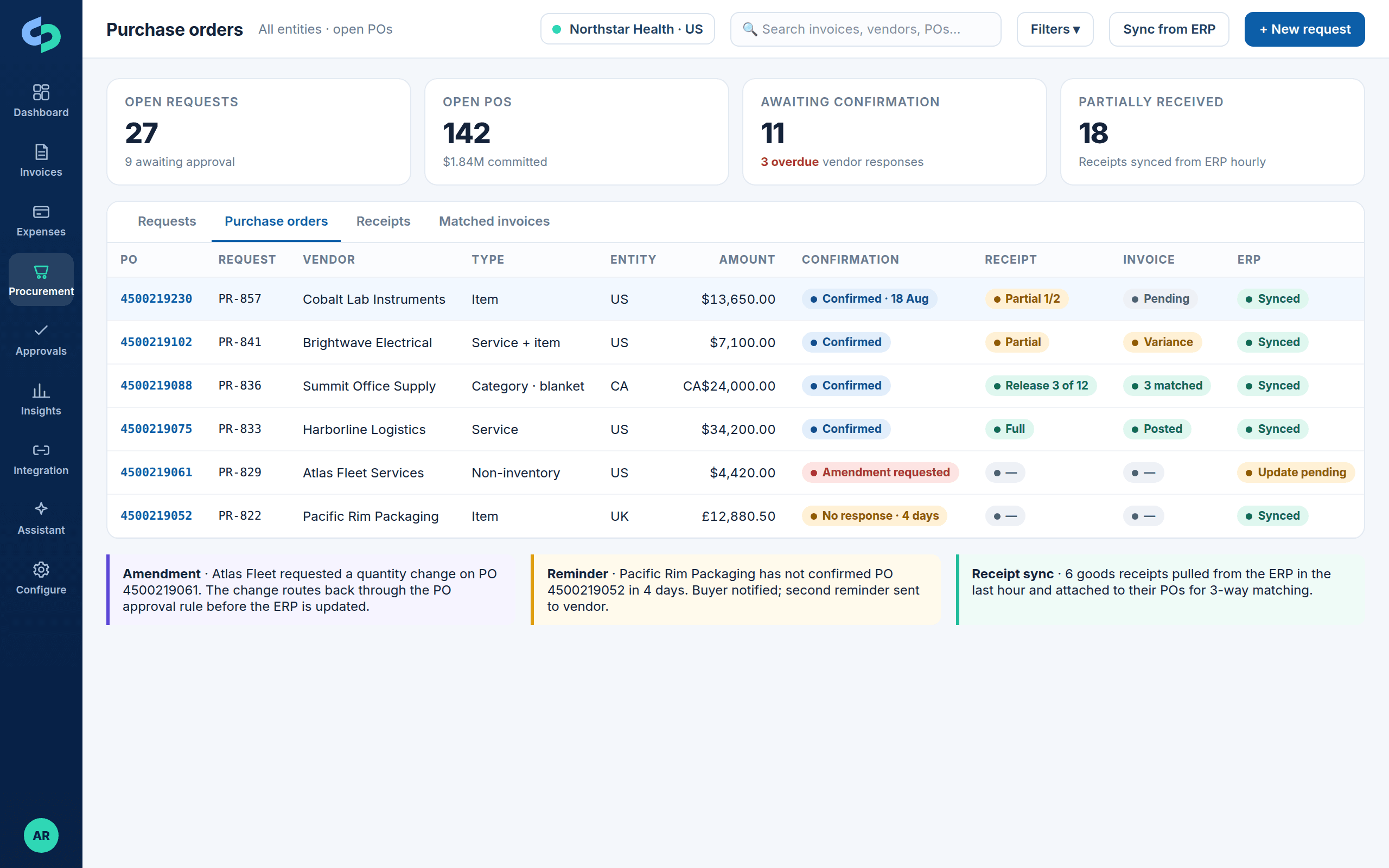 Purchase order list with confirmation, receipt, invoice and ERP status per PO