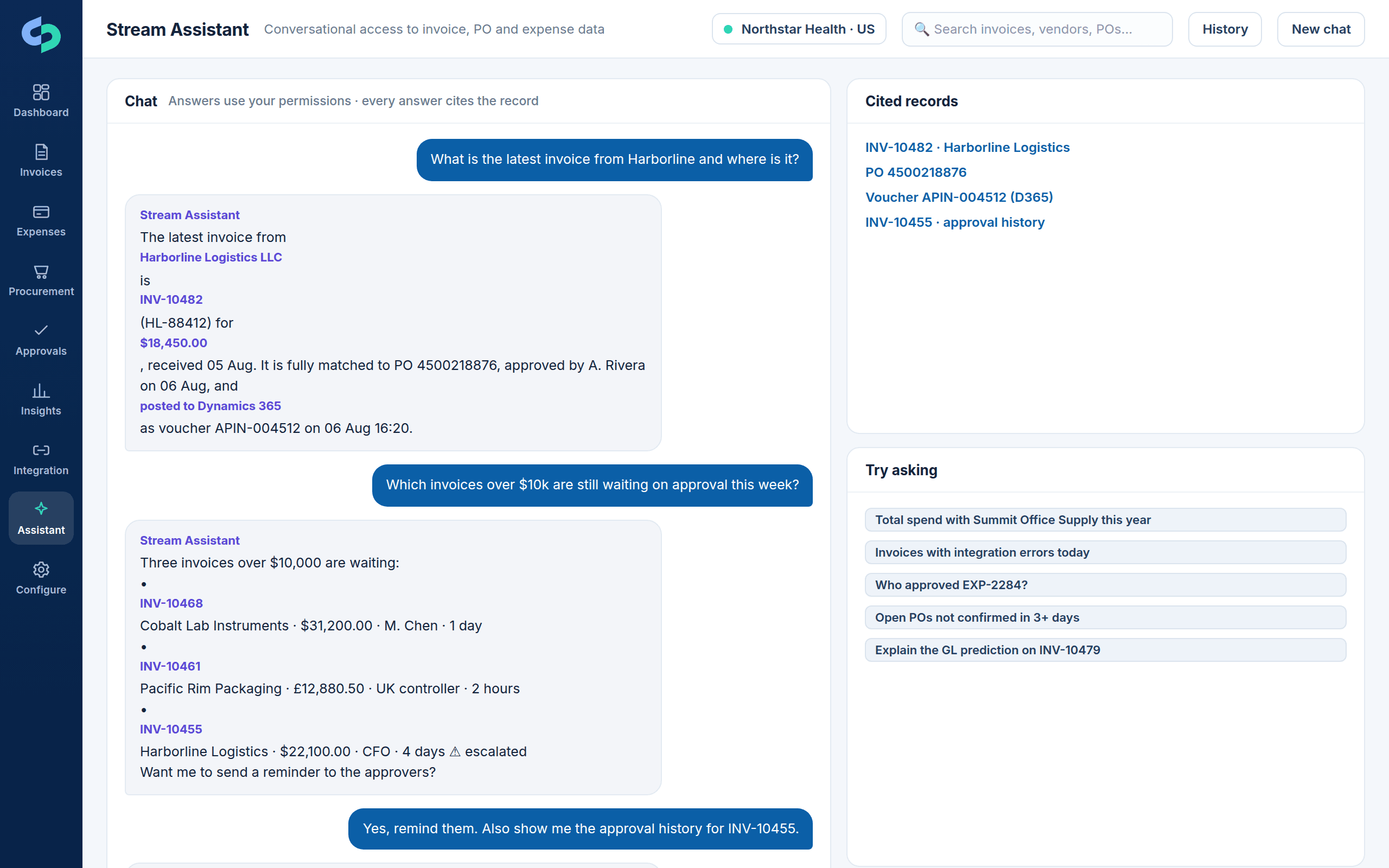 Stream Assistant chat answering questions about invoices, approvals and reminders